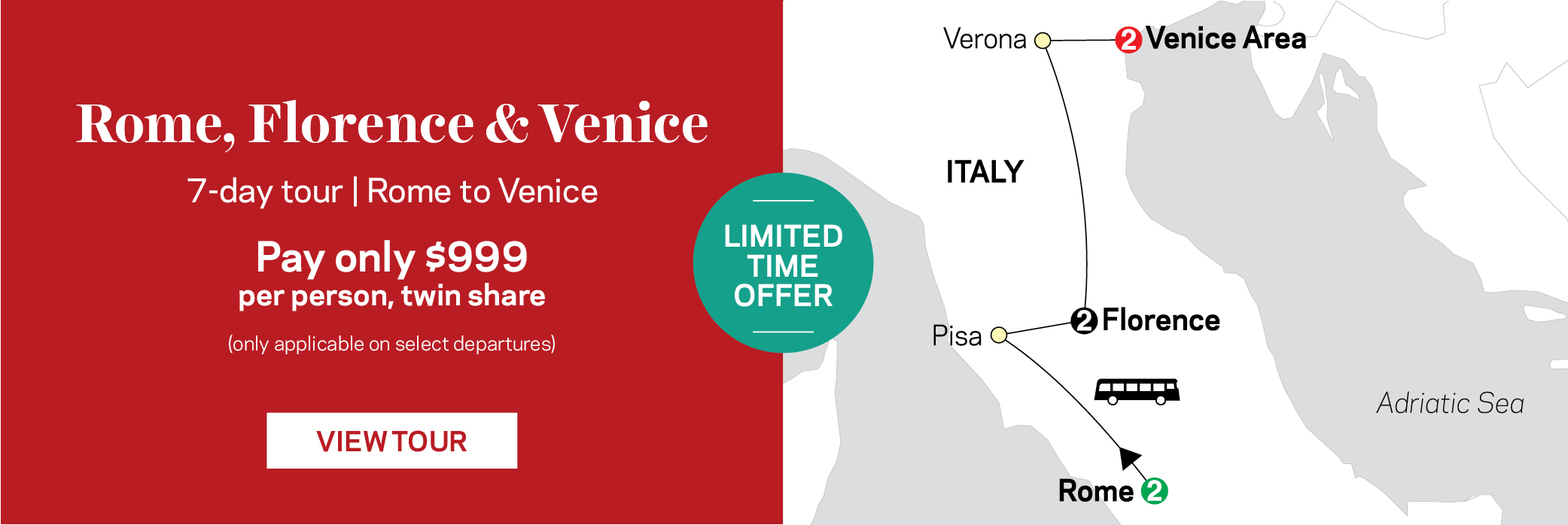Rome, Florence & Venice Tour for $999 pp, twn